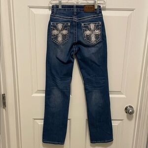 Women's Straight Leg Dark Blue Embellished Pocket Jeans